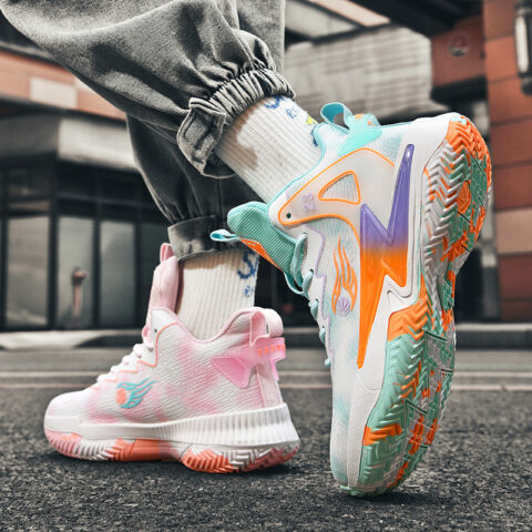 BIANSULONG Slip Resistant And Abrasion Resistant Coverage High top Basketball Shoes Unisex Pink Cyan Mismatched