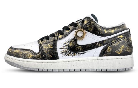 Jordan Air Jordan 1 Cushioning, Wear Resistant Low top Vintage Basketball Shoes Unisex Black Gold