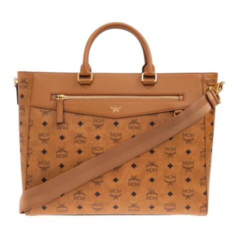 MCM Visetos Canvas, Textile, Artificial Leather Handbag Large Unisex Cognac