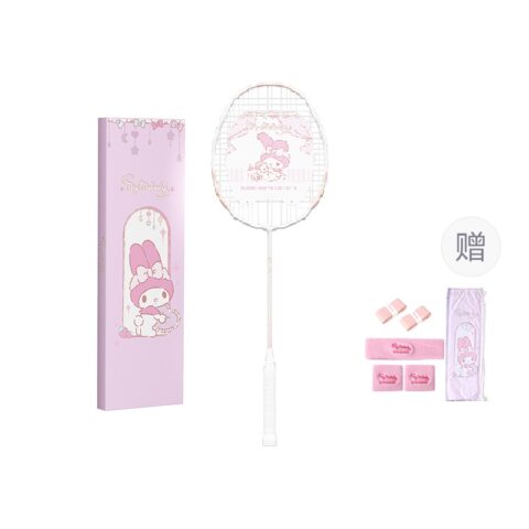 Sanrio Full Carbon Badminton Rackets Offensive Type Heavy Head, Stiff Shaft Advanced Level 670MM 4U/G4 White Pink