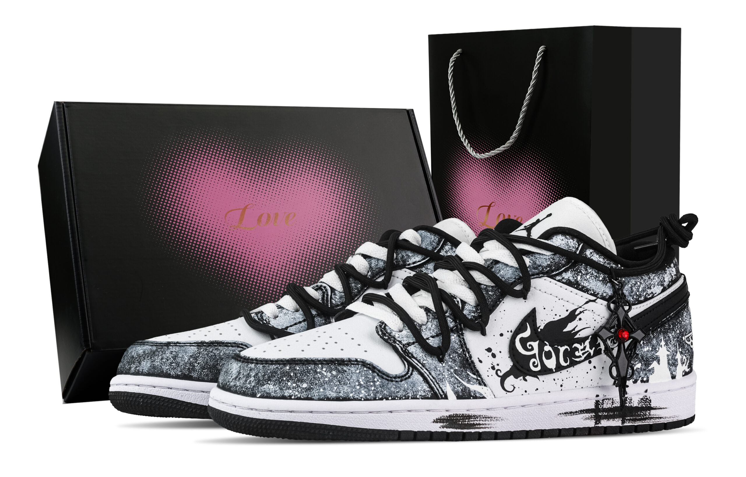 Jordan Air Jordan 1 Ghost Castle, Heart Box Low top Vintage Basketball Shoes Unisex Black White