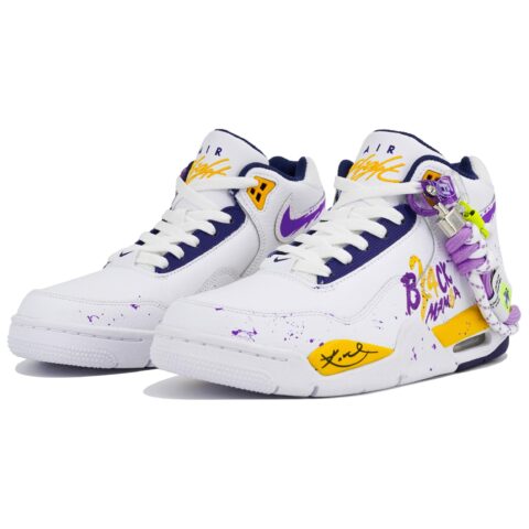 Nike Flight Legacy Slip Resistant Abrasion Resistant Mid top Vintage Basketball Shoes Men’s White Blue Yellow