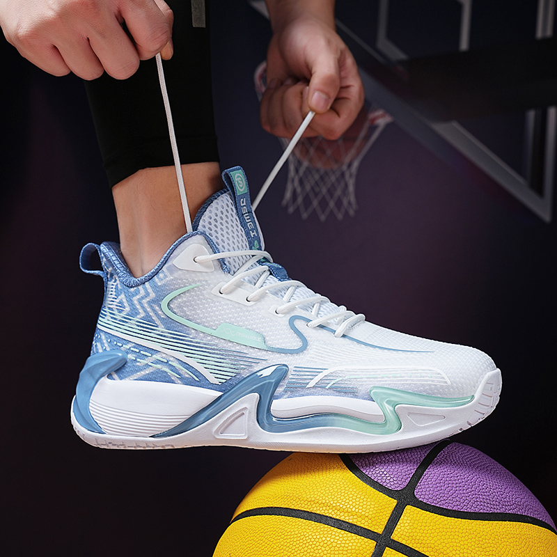 JSWEI Cushioning Slip Resistant Low top Basketball Shoes Men’s White Gray Blue