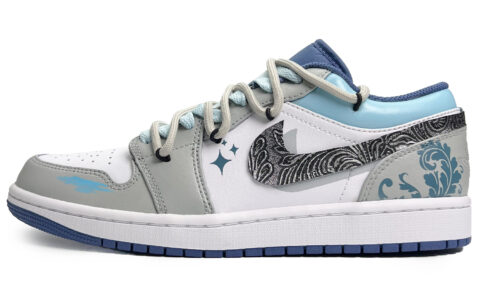 Jordan Air Jordan 1 Floral Starry Slip Resistant Abrasion Resistant Low top Vintage Basketball Shoes Men’s Gray Blue