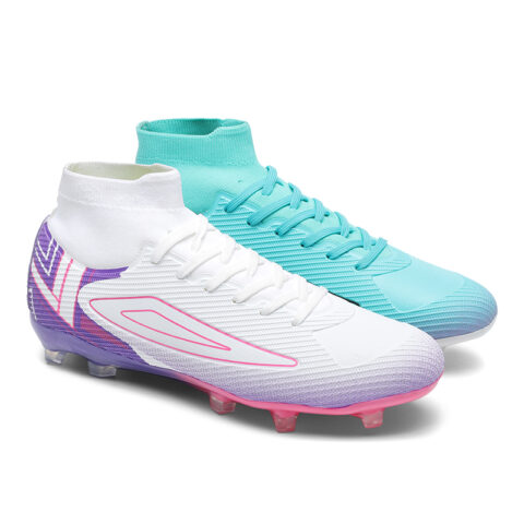 Keliqee FG Firm Ground Natural Grass Slip Resistant Abrasion Resistant Soccer Shoes Unisex White Cyan Mismatched