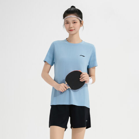 Li Ning Table Tennis Collection Casual Sportswear Men’s Set Snow Blue Top+Black Shorts Crew Neck Moderate
