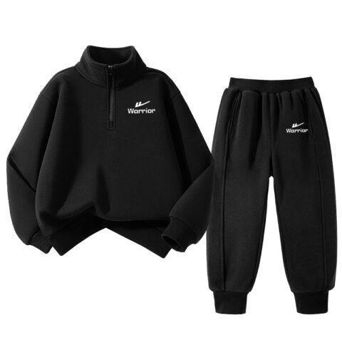 Warrior Casual Sportswear Fleece Lined Stand Collar Comfortable Stylish Long Sleeve Elastic Waistband Pants Teenagers