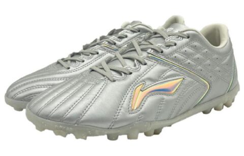 Li Ning TF Turf Leather Cushioning Slip Resistant Abrasion Resistant Soccer Shoes Men’s Silver