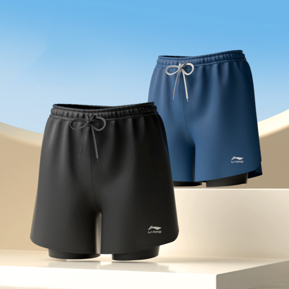 Li Ning Swimming Shorts Men’s Black[Double Layer Design, Amphibious Use] Moderate Mid Length Swim Shorts