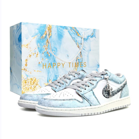 Jordan Air Jordan 1 Denim Luxury Wear resistant And Lightweight Low top Vintage Basketball Shoes Unisex Gray Blue