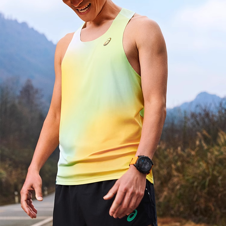 ASICS Running Tank Top Unisex Orange Green Print