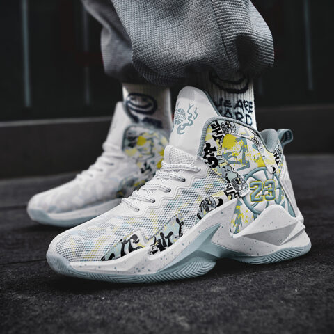 BIANSULONG Slip Resistant Abrasion Resistant Support High top Basketball Shoes Unisex White Gray