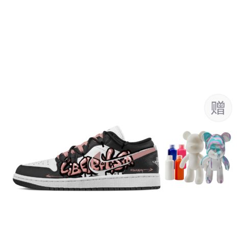 Jordan Air Jordan 1 Street Graffiti, Fluid Bear Abrasion Resistant Low top Vintage Basketball Shoes Women’s Black Pink