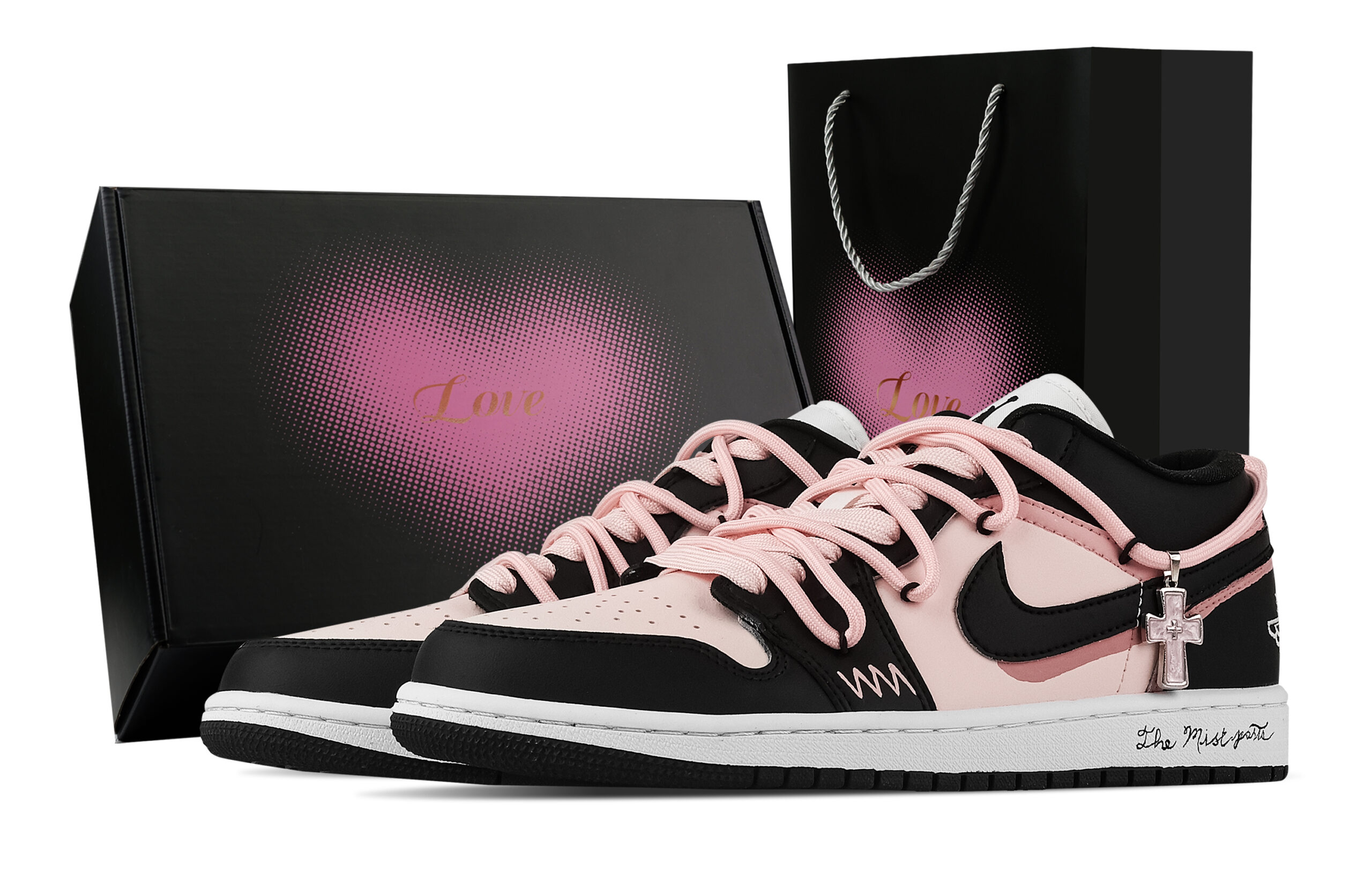 Jordan Air Jordan 1 Berry Pink Present, Heart Box Low top Vintage Basketball Shoes Unisex Black Pink