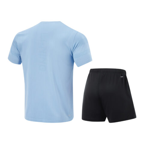 Li Ning Table Tennis Collection Casual Sportswear Men’s Set Snow Blue Top+Black Shorts Crew Neck Moderate