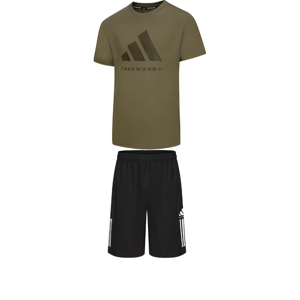 Adidas Taekwondo Casual Sportswear Men’s Clothing Set Green Short Sleeved Shirt+Black Shorts