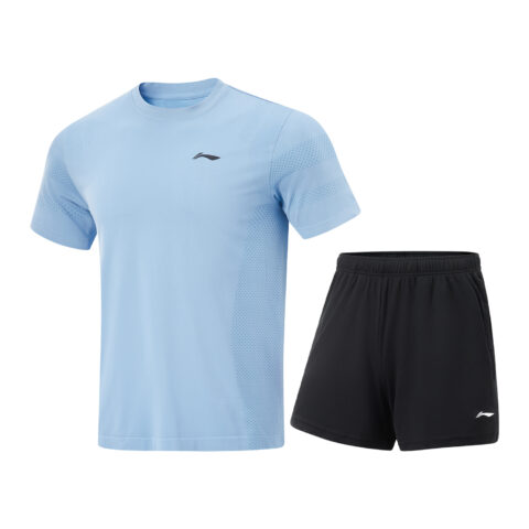 Li Ning Table Tennis Collection Casual Sportswear Men's Set Snow Blue Top+Black Shorts Crew Neck Moderate