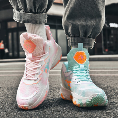 BIANSULONG Slip Resistant And Abrasion Resistant Coverage High top Basketball Shoes Unisex Pink Cyan Mismatched