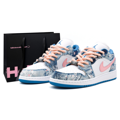 Jordan Air Jordan 1 Denim, Leather Abrasion Resistant Abrasion Resistant Low top Vintage Basketball Shoes Women’s Blue