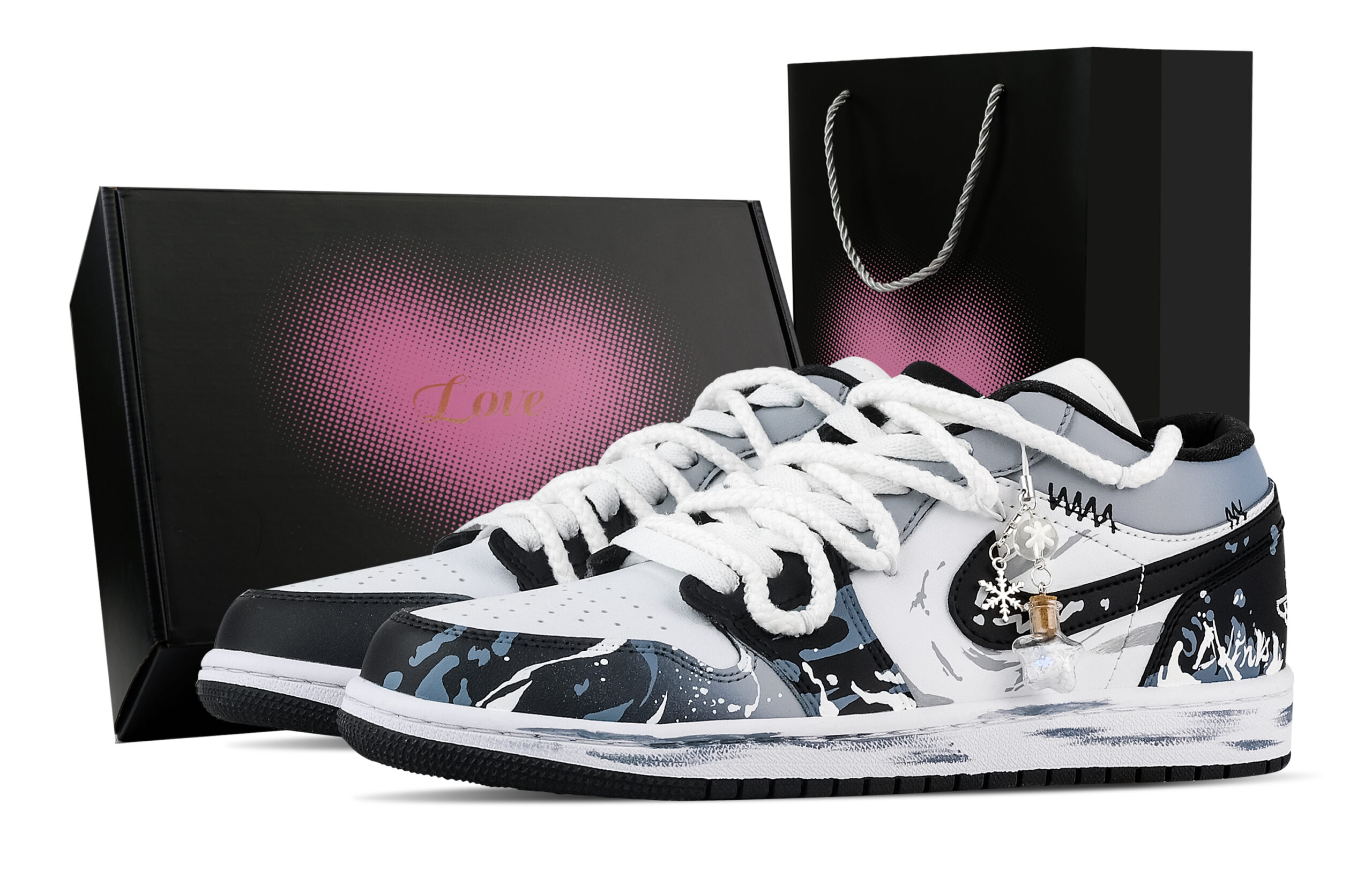 Jordan Air Jordan 1 River Ink Self Ignition, Heart Box Low top Vintage Basketball Shoes Unisex Black White Blue