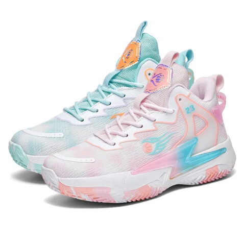 BIANSULONG Slip Resistant And Abrasion Resistant Coverage High top Basketball Shoes Unisex Pink Cyan Mismatched