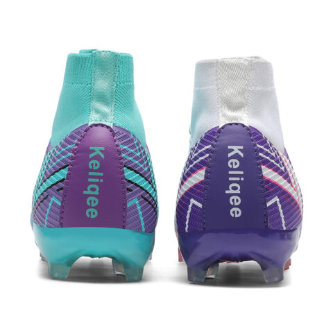 Keliqee FG Firm Ground Natural Grass Slip Resistant Abrasion Resistant Soccer Shoes Unisex White Cyan Mismatched