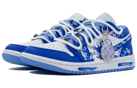 Jordan Air Jordan 1 Blue And White Flower Branch Slip Resistant Abrasion Resistant Low top Vintage Basketball Shoes