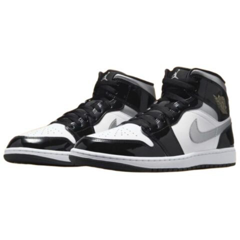 Jordan 1 Mid Se Patent Black White Metallic Silver Metallic Gold