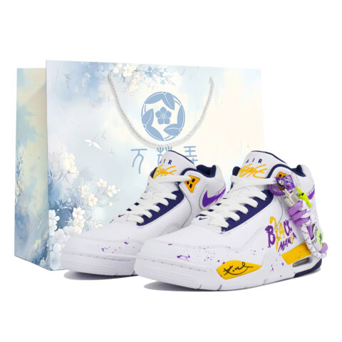 Nike Flight Legacy Slip Resistant Abrasion Resistant Mid top Vintage Basketball Shoes Men’s White Blue Yellow