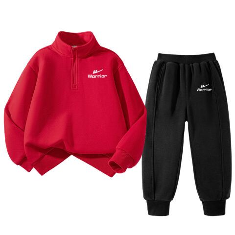Warrior Casual Sportswear Fleece Lined Stand Collar Comfortable Stylish Long Sleeve Elastic Waistband Pants Teenagers