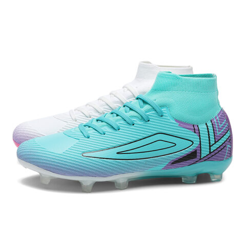 Keliqee FG Firm Ground Natural Grass Slip Resistant Abrasion Resistant Soccer Shoes Unisex White Cyan Mismatched
