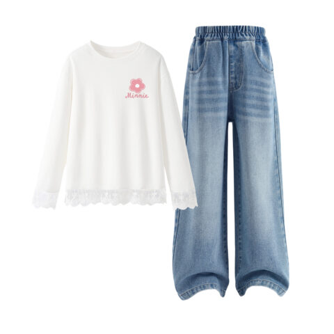 Di F Small Flower White+Solid Color Denim Light Blue