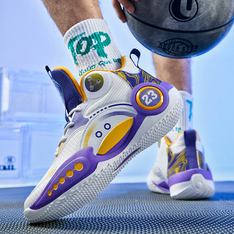 BIANSULONG Cushioning Slip Resistant Abrasion Resistant High top Basketball Shoes Unisex White Purple