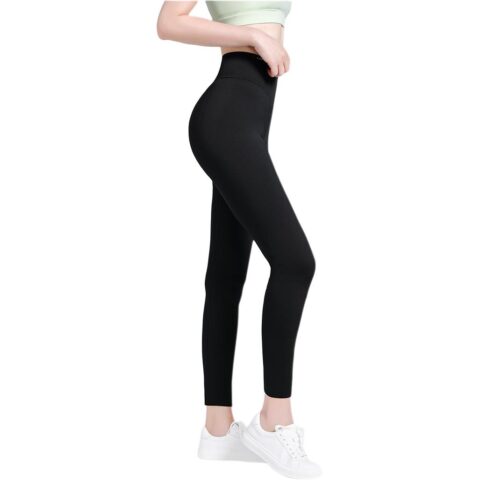 CAMEL Solid Color Thickened And Fleece Lined Thermal High Rise Elastic Ankle Length Yoga Pants Women’s Phantom Black