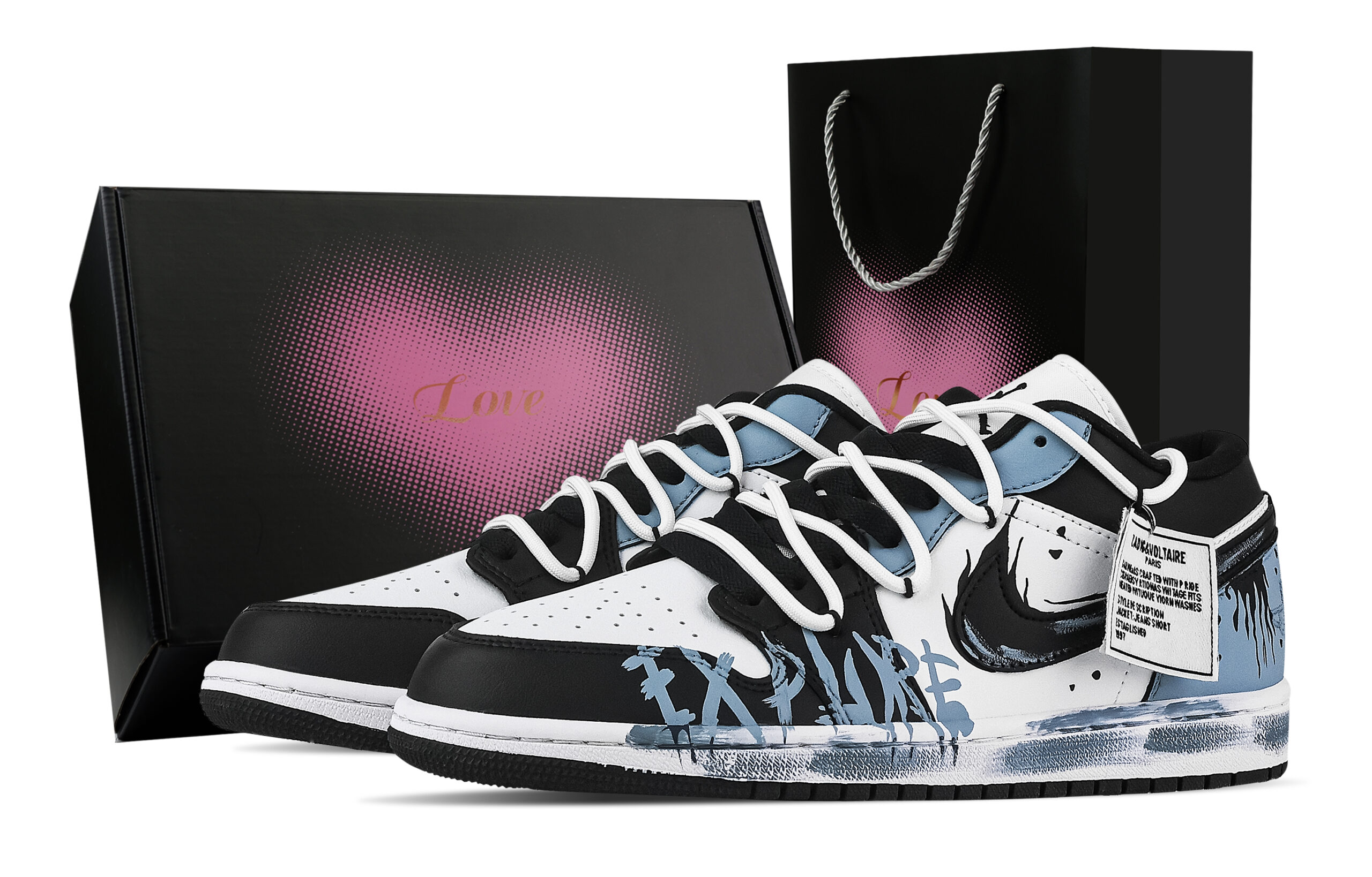 Jordan Air Jordan 1 Pen Drawn Black Flame, Heart Box Low top Vintage Basketball Shoes Unisex Black White Blue