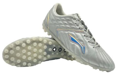 Li Ning TF Turf Leather Cushioning Slip Resistant Abrasion Resistant Soccer Shoes Men’s Silver