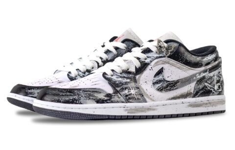 Jordan Air Jordan 1 Starry Black Butterfly Abrasion Resistant Low top Vintage Basketball Shoes Unisex White Gray