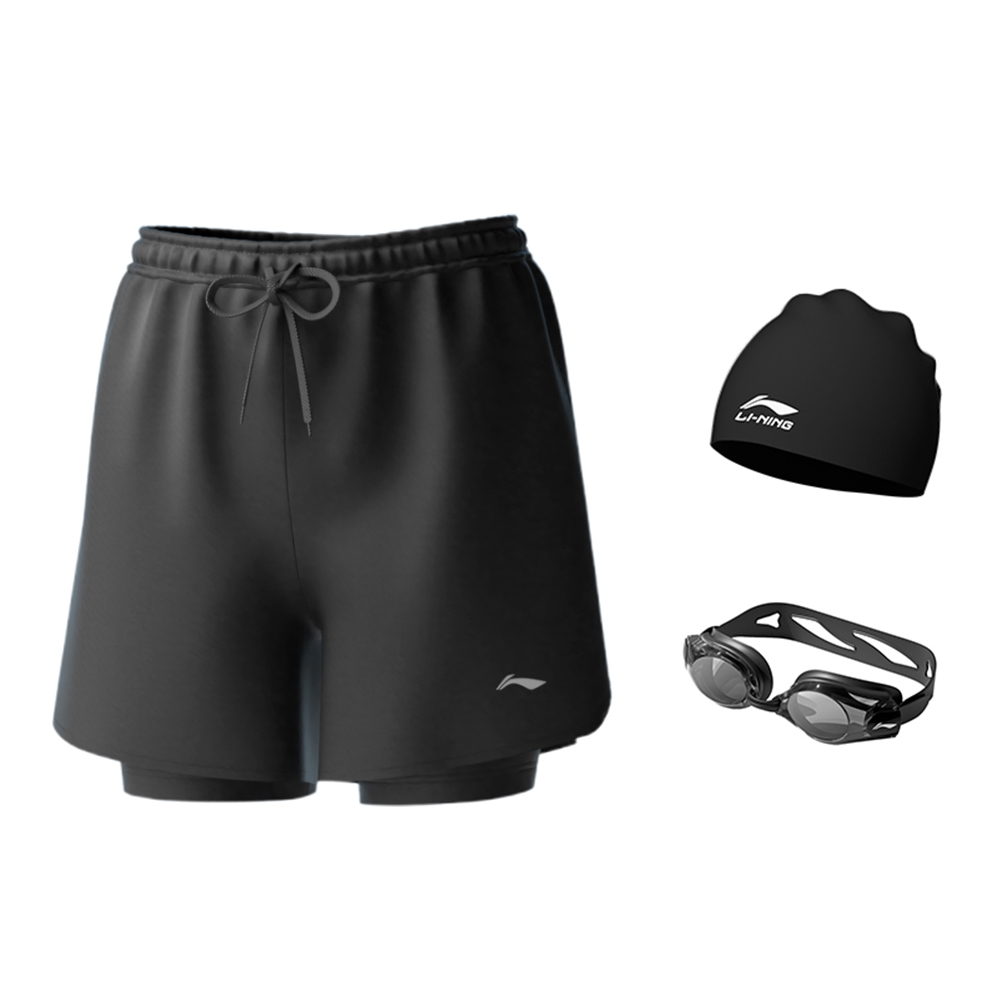 Li Ning Swimming Shorts Men’s Black[Double Layer Design, Amphibious Use] Moderate Mid Length Swim Shorts