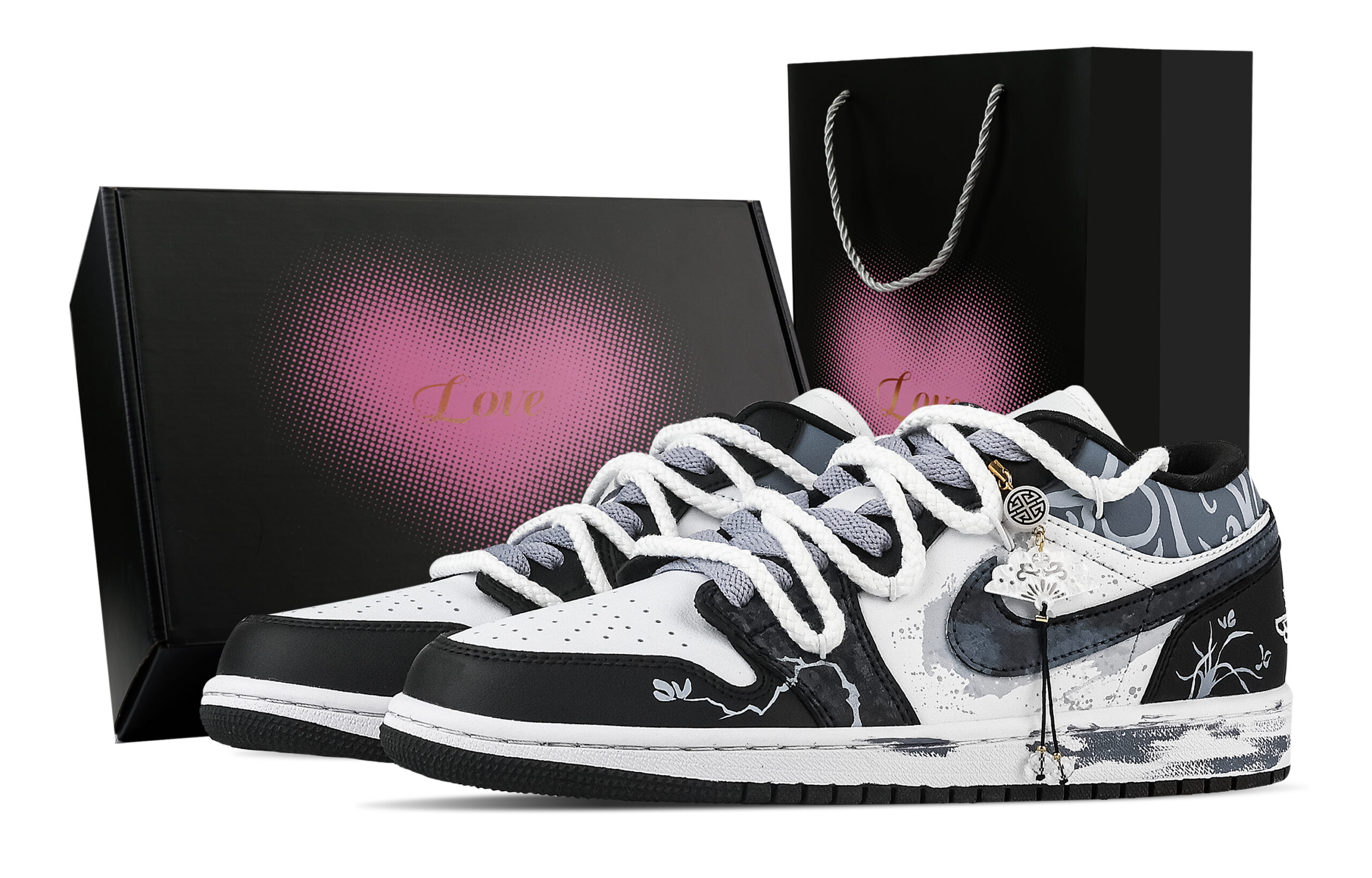 Jordan Air Jordan 1 Orchid Pattern, Heart Box Low top Vintage Basketball Shoes Unisex Black Blue
