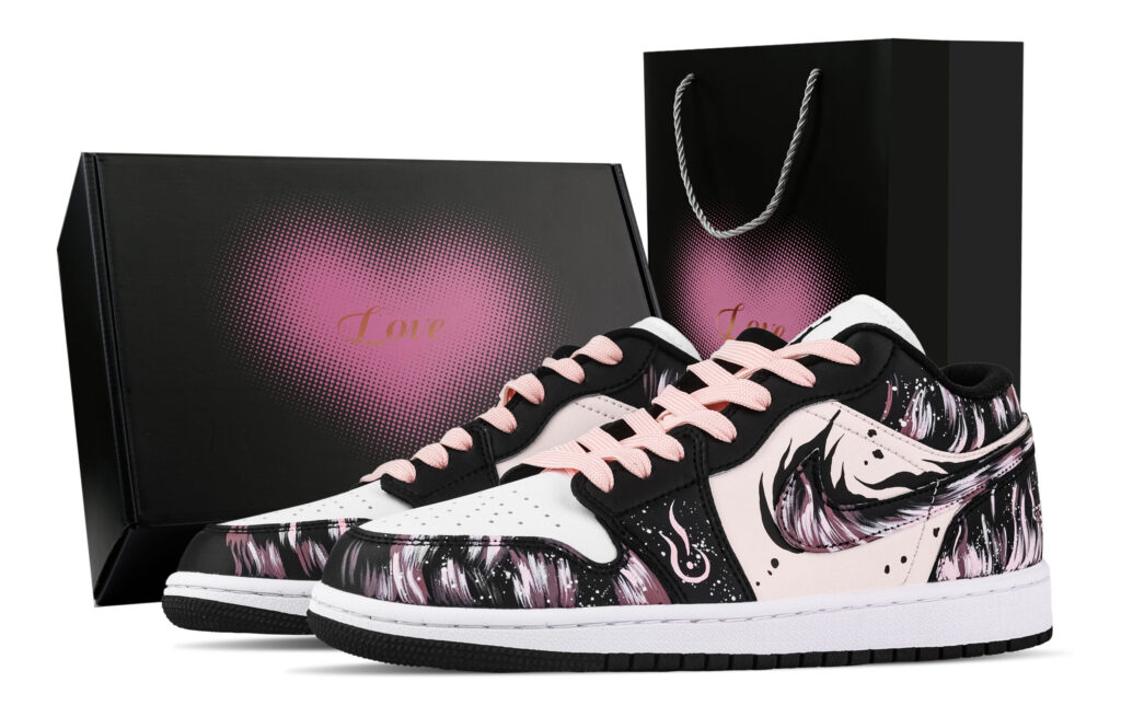 Jordan Air Jordan 1 Fiery Heart, Heart Box Low top Vintage Basketball Shoes Unisex Black White Pink