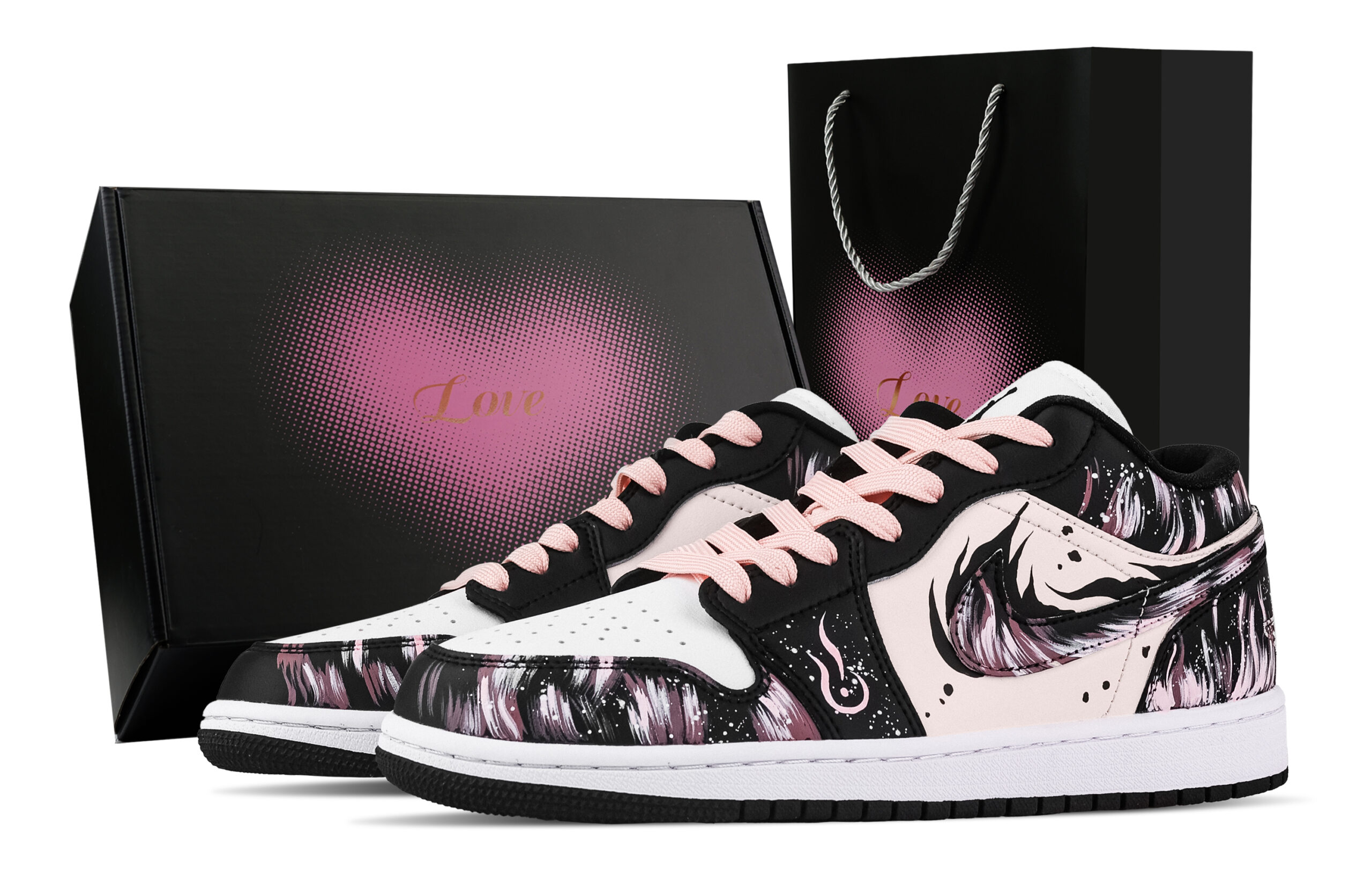 Jordan Air Jordan 1 Fiery Heart, Heart Box Low top Vintage Basketball Shoes Unisex Black White Pink