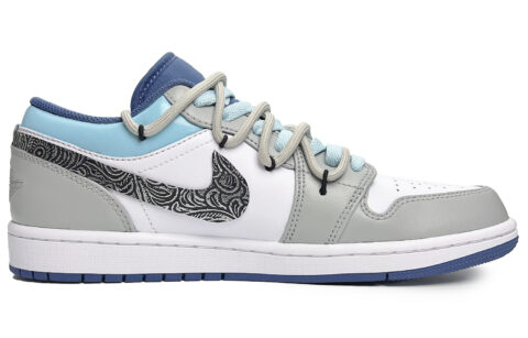 Jordan Air Jordan 1 Floral Starry Slip Resistant Abrasion Resistant Low top Vintage Basketball Shoes Men’s Gray Blue