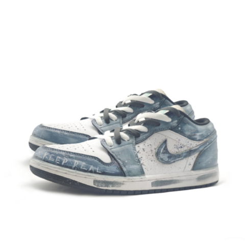 Nike Air Jordan 1 Chaos Denim Leather Versatile Low top Vintage Basketball Shoes Unisex Denim Blue