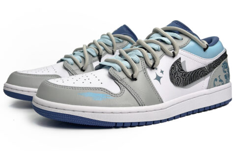 Jordan Air Jordan 1 Floral Starry Slip Resistant Abrasion Resistant Low top Vintage Basketball Shoes Men’s Gray Blue