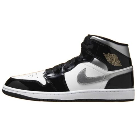 Jordan 1 Mid Se Patent Black White Metallic Silver Metallic Gold