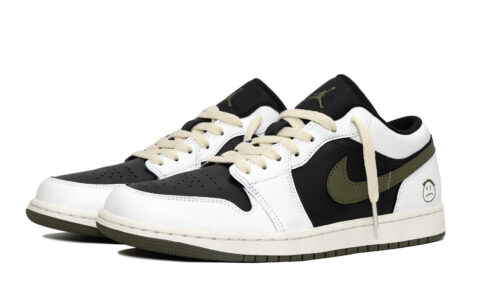 Jordan Air Jordan 1 Black Green Olive, Small Barb 5.0 Leather Abrasion Resistant Breathable Low top
