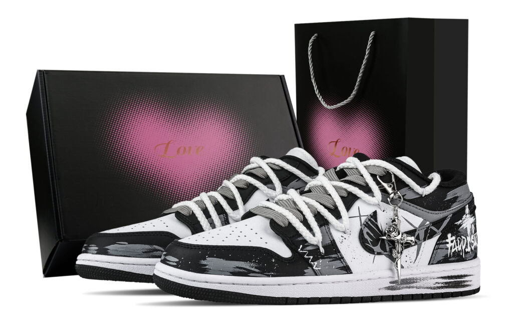 Jordan Air Jordan 1 Rose Branch, Heart Box Low top Vintage Basketball Shoes Unisex Black White Gray