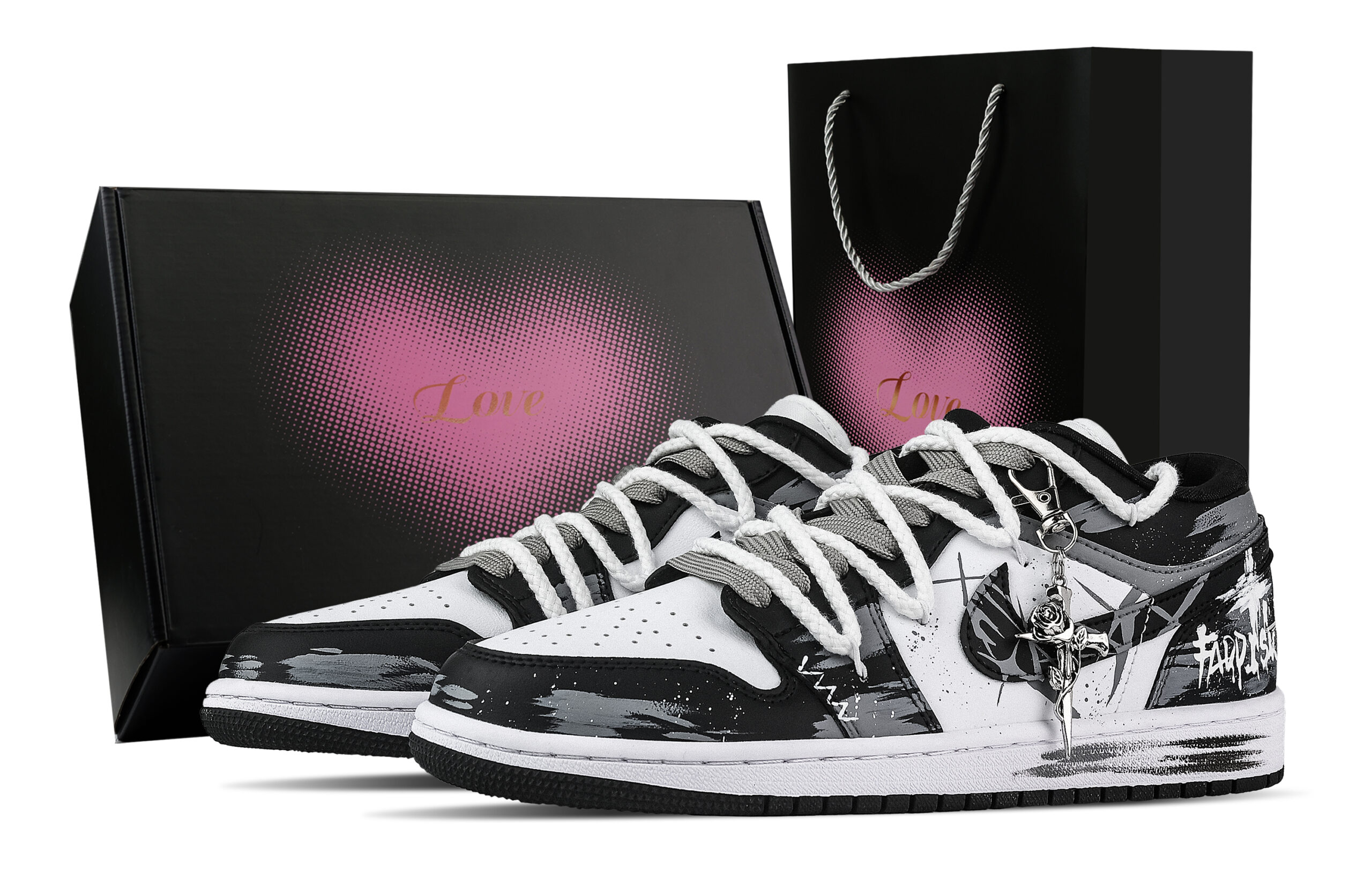 Jordan Air Jordan 1 Rose Branch, Heart Box Low top Vintage Basketball Shoes Unisex Black White Gray
