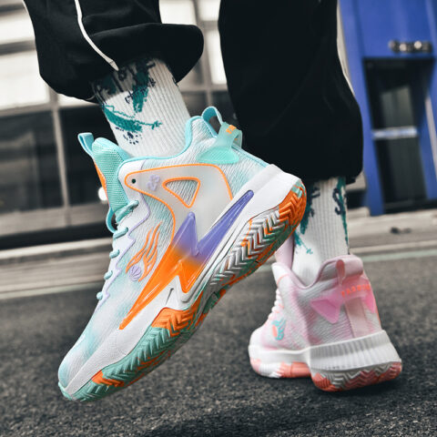 BIANSULONG Slip Resistant And Abrasion Resistant Coverage High top Basketball Shoes Unisex Pink Cyan Mismatched