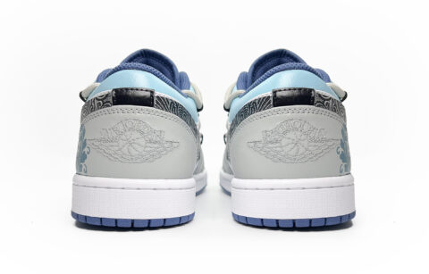 Jordan Air Jordan 1 Floral Starry Slip Resistant Abrasion Resistant Low top Vintage Basketball Shoes Men’s Gray Blue
